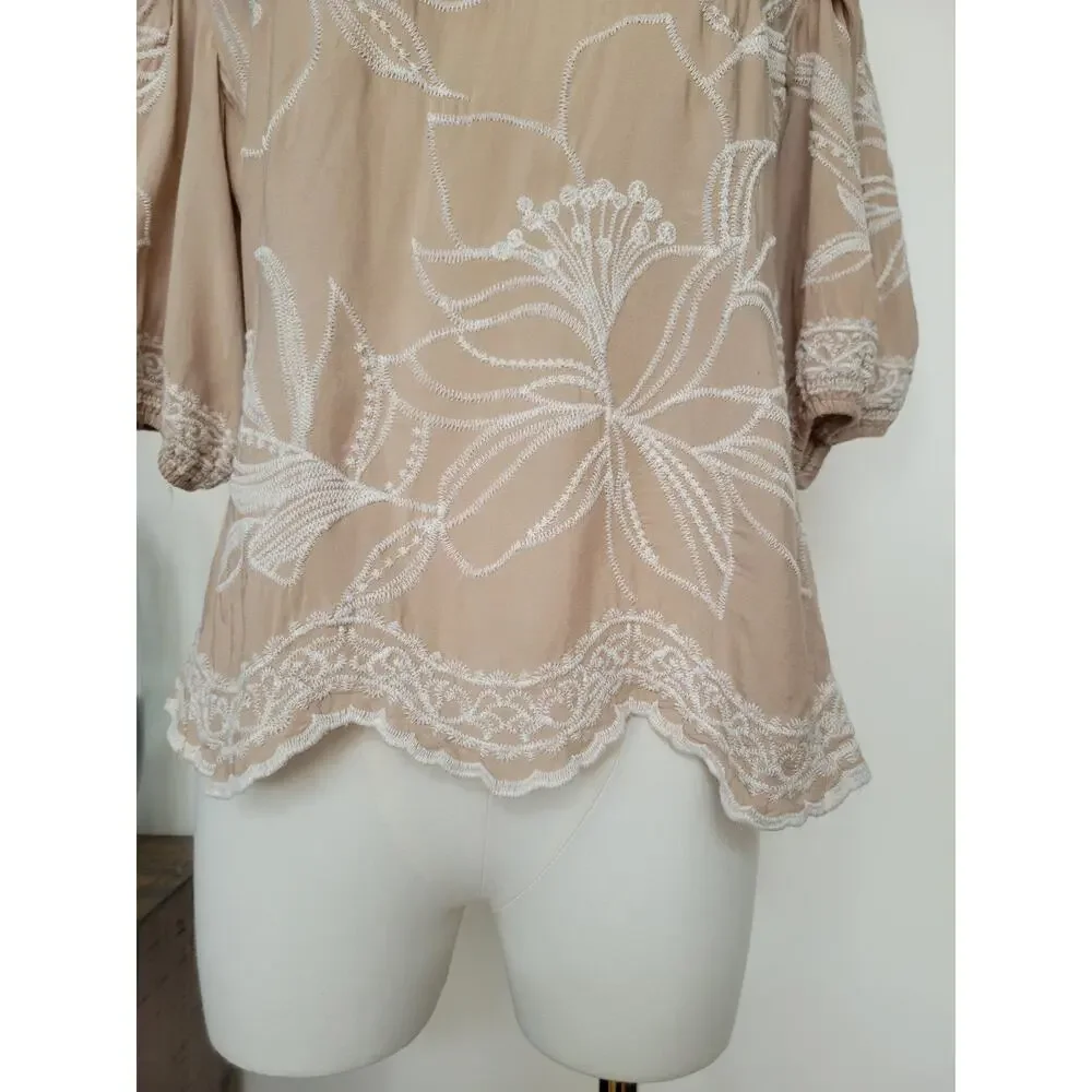 Cottage Garden Floral Embroidered Puff Sleeve Relaxed Fit Asymmetrical Blouse